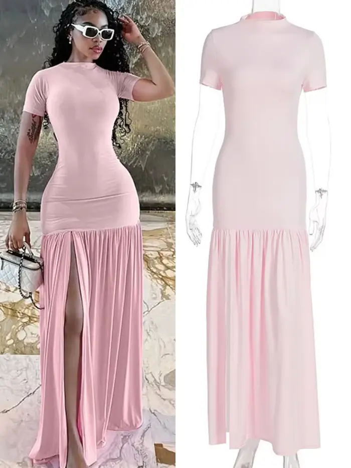 Robe longue rose élégante Joskaa à volants sexy col rond manches courtes fente haute pour femmes plage vacances streetwear