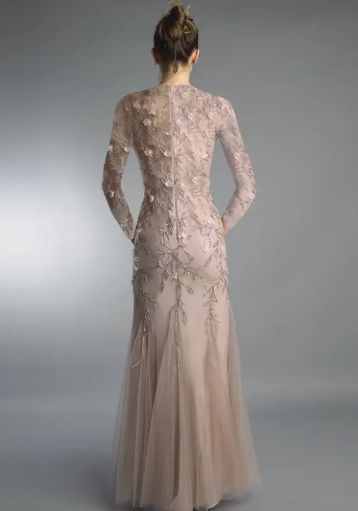 Robe Sirène Élégante à Fleurs en Tulle Tenue de Soirée Longue Brodée Col Rond Manches Sulf Pour Femmes Occasions Spéciales