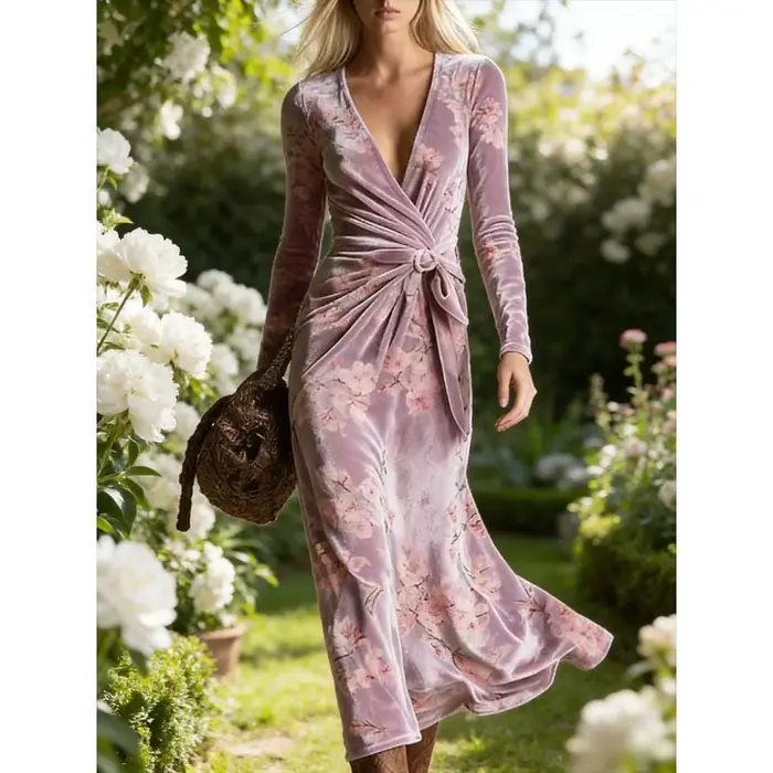 Robe longue en velours à imprimé botanique vert crème style bohème pour femme