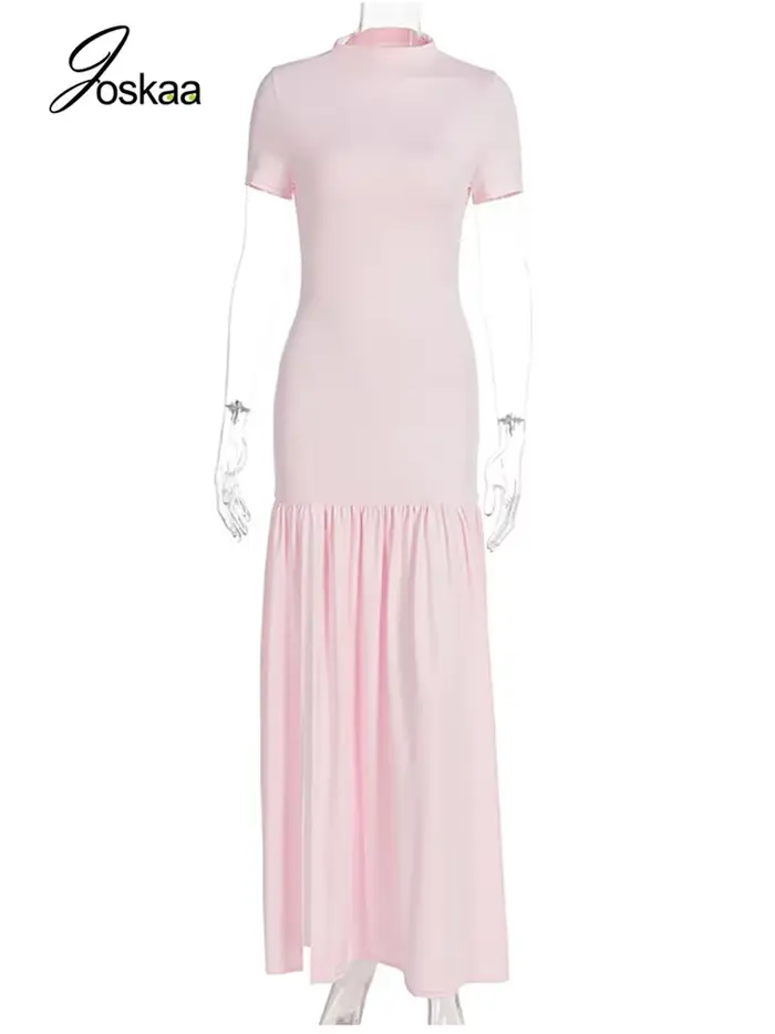 Robe longue rose élégante Joskaa à volants sexy col rond manches courtes fente haute pour femmes plage vacances streetwear