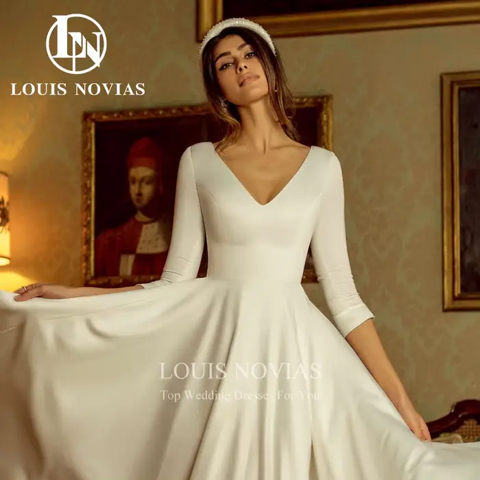 Modiis-Robe de mariée mi-longue en satin avec manches 3/4