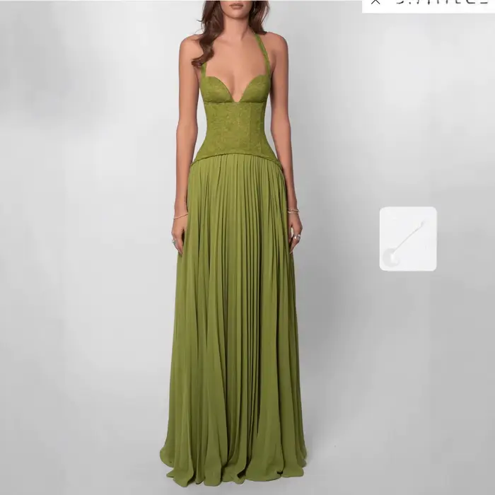 Robe de soirée sexy pour femme style corset floral à licou en mousseline plissée longue et fluide pour gala et occasions spéciales