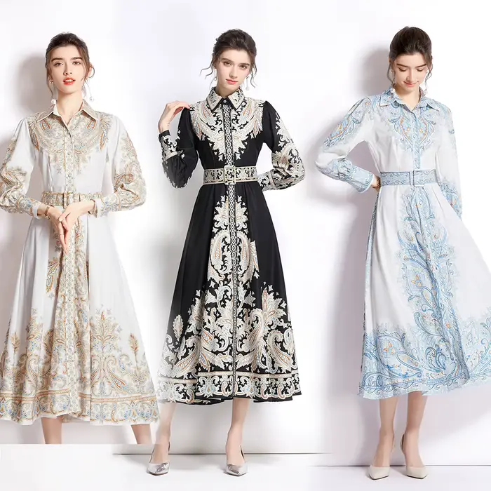 WEIN femmes bleu robe florale Vintage à manches longues printemps jupe de haute qualité formelle décontracté élégant fête anniversaire piste Vestido