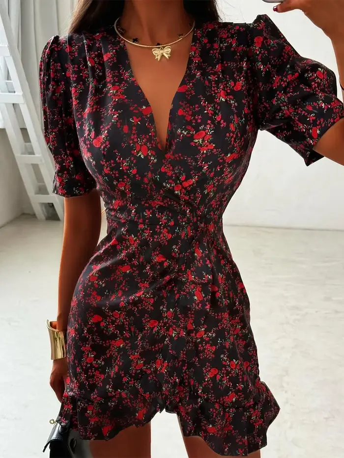 Robe Courte Chic Femme Décolleté Plongeant Imprimé Floral Manches Longues Bouffantes Ourlet Froncé Moulante Décontractée pour Soirée et Vacances