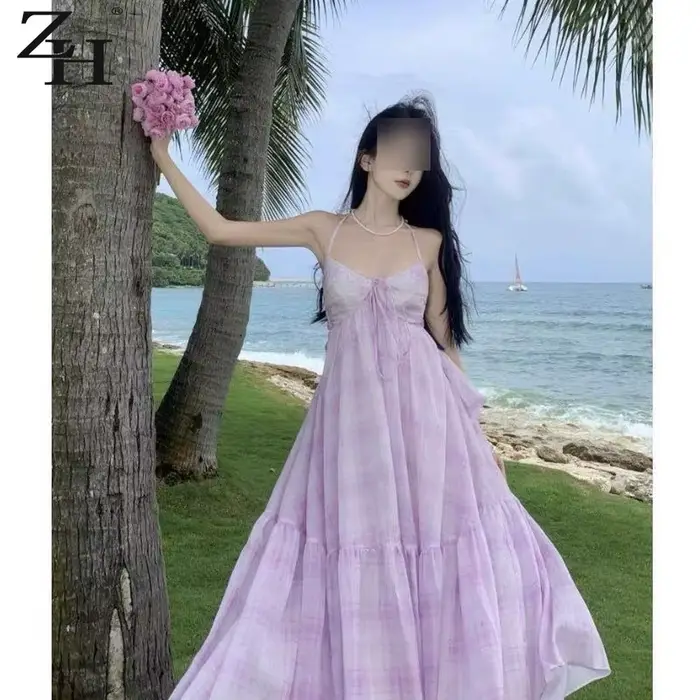Robe de plage longue féerique à bretelles sans manches pour femmes, style arc, dos nu, avec nœud, polyester haute élasticité, pour vacances et pauses thé