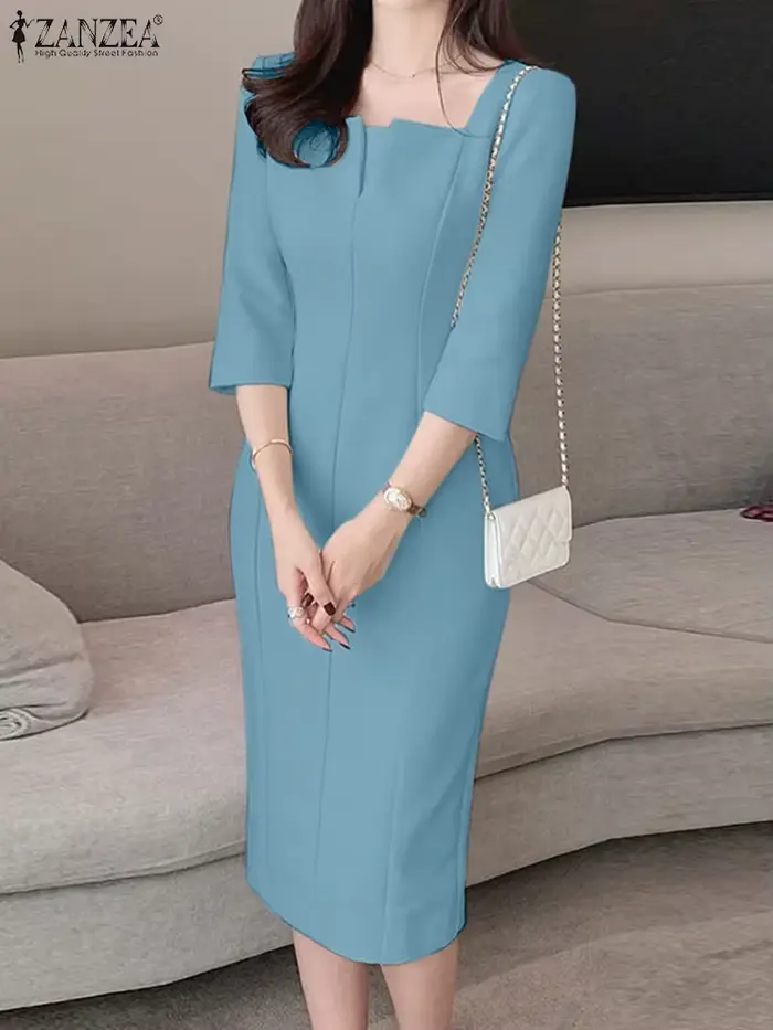 Robe ZANZEA élégante en polyester col carré trois quarts pour femmes occasions spéciales soirée famille mariage