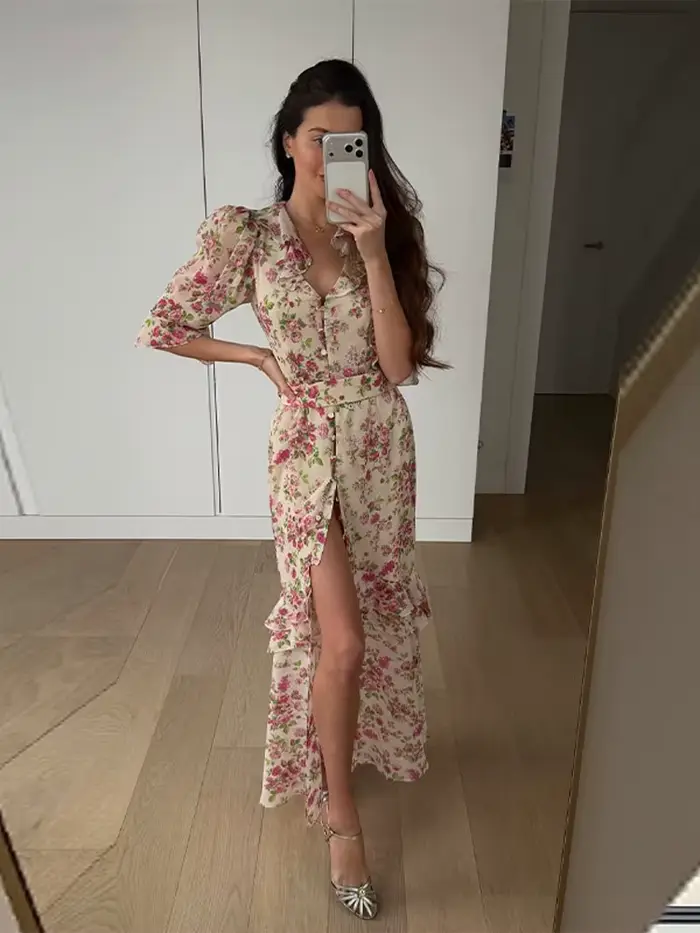 Robe imprimée florale chic plissée grande ample pour femme élégante et sexy sans manches coupe ajustée soirée club occasions spéciales