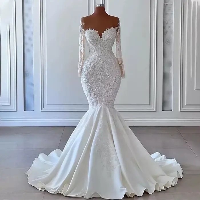 Robe de mariée ivoire de luxe, col en Tulle transparent, style sirène, manches longues, en Satin, ro