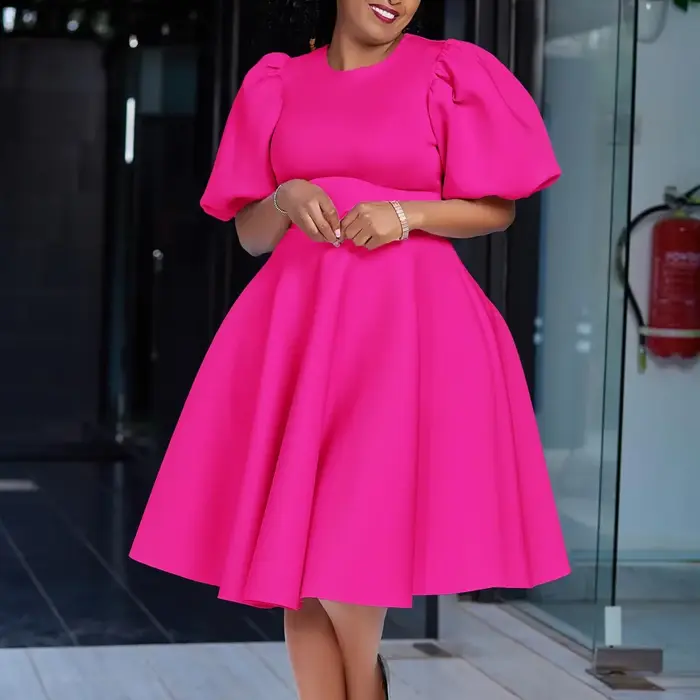 Robe élégante pour femmes col rond manches courtes taille haute plissée mi-mollet style sexy et club polyester fibre naturelle occasions spéciales anniversaires événements de charité