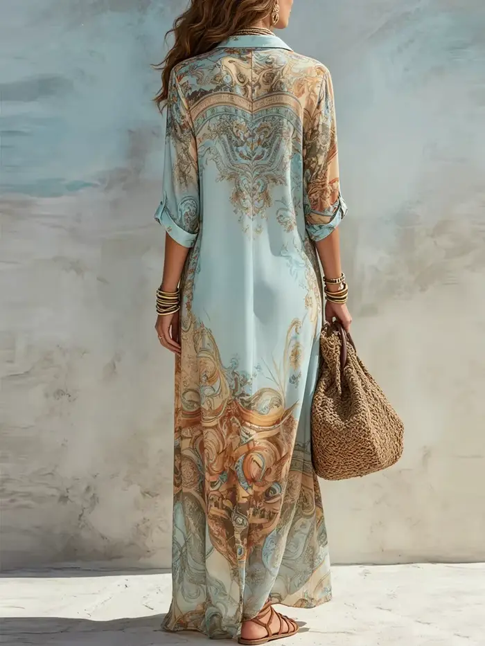 Robe longue élégante en polyester imprimé numérique, col rabattu, simple boutonnage, style bohème pour femme et jeunes filles occasions spéciales été