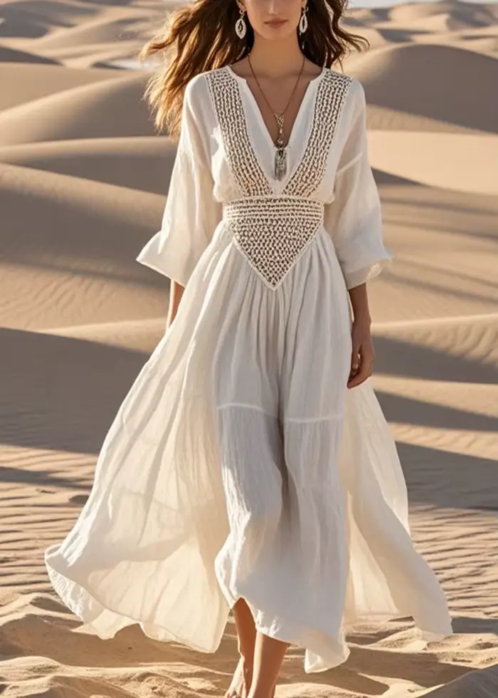 Vintage Boho Vintage robe de plage creuse femme printemps solide Sexy col en V ample fête longue robe à manches longues plissée robe de vacances