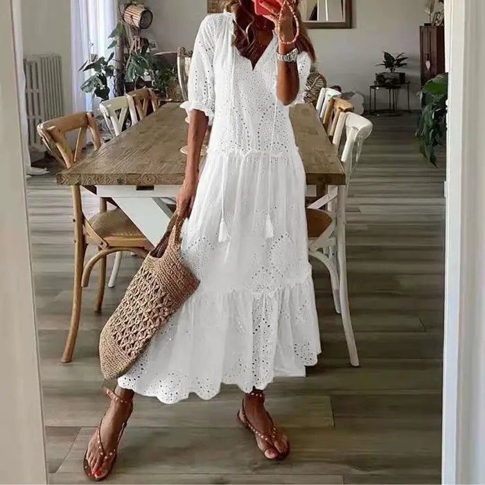 Robe d'été en coton pour femmes, décontractée, creuse, Crochet, bohème, ample, plage, longue, vacanc