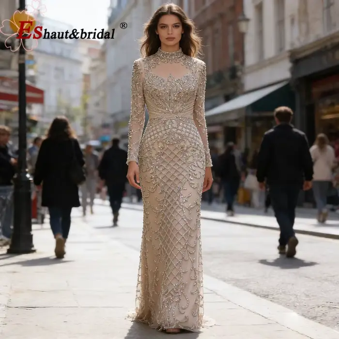 Robe de soirée sirène élégante pour femmes, manches longues, arabie musulmane, perles, longue robe formelle de bal de mariage, personnalisée, 2026