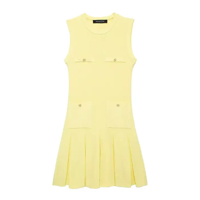 Robe plissée tricotée jaune pâle pour femmes, Mini robe trapèze sans manches, poches, col rond, mode