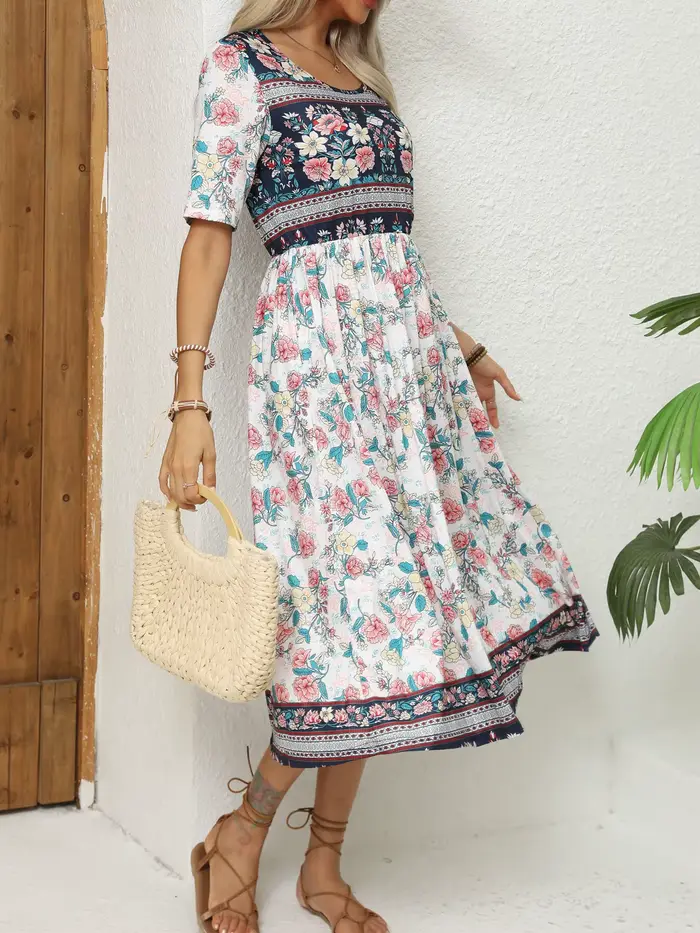 Robe imprimée bohème à manches courtes et col rond pour femmes, jupe longue pour dames, Europe et Am