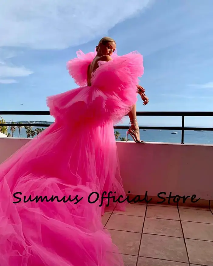 Robe de bal longue en tulle rose à plusieurs niveaux col en V profond haut bas pour occasions spéciales sexy concours personnalisable