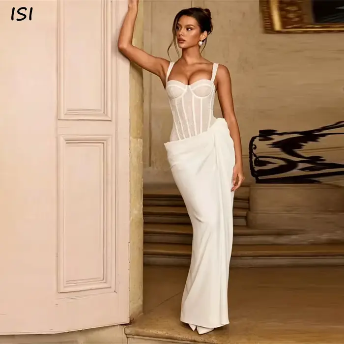 Robe de mariée sirène élégante ISI, bretelles larges, col cœur en satin, corsage corset, longueur ra