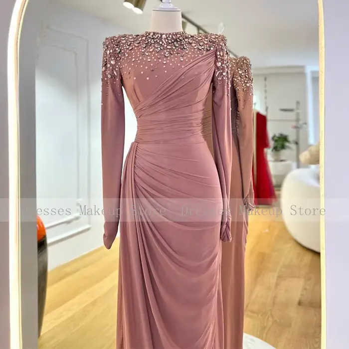 Robe de soirée de luxe en cristal pour femmes, manches longues, sirène/trompette, couleur personnalisable, silhouette élégante pour soirée officielle et mariage