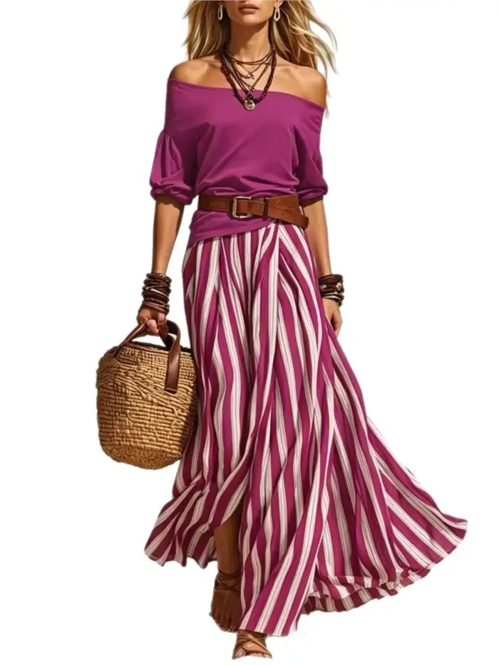 Ensemble deux pièces élégant pour femme haut sexy à épaules dénudées et jupe longue rayée fendue pour les vacances et soirées chic