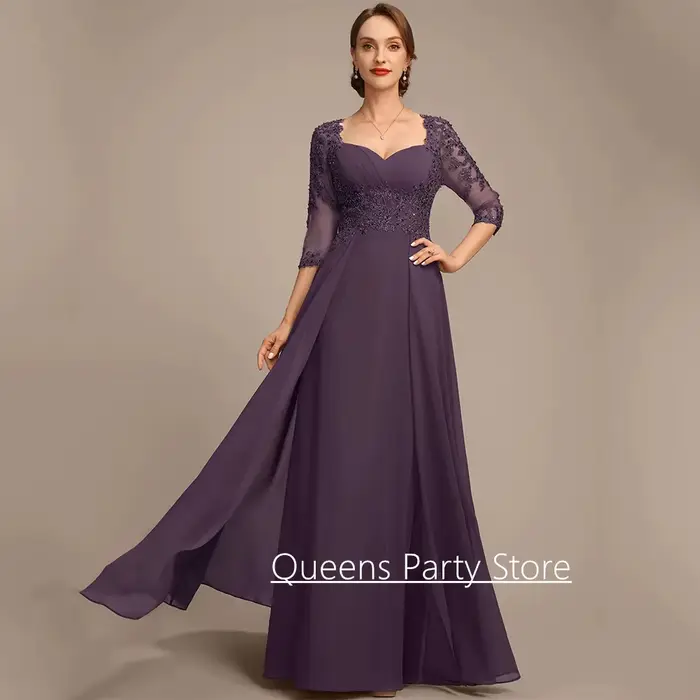 Robe élégante personnalisée de mère de la mariée en mousseline de soie avec col en V et manches 3/4 pour cérémonies de mariage et soirées spéciales