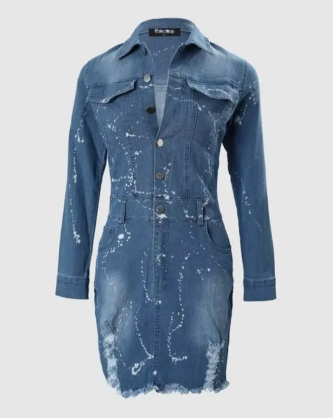 Robe en denim high street à manches longues et col rabattu avec ourlet déchiré et éclaboussures d'encre pour femmes, mini robe pour toutes les occasions spéciales