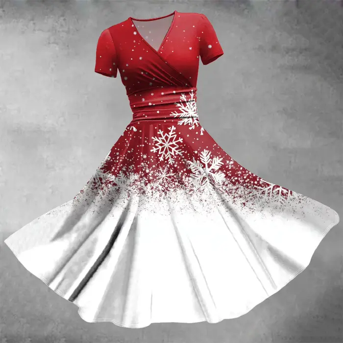 Robe trapèze à manches courtes et col en V pour femmes