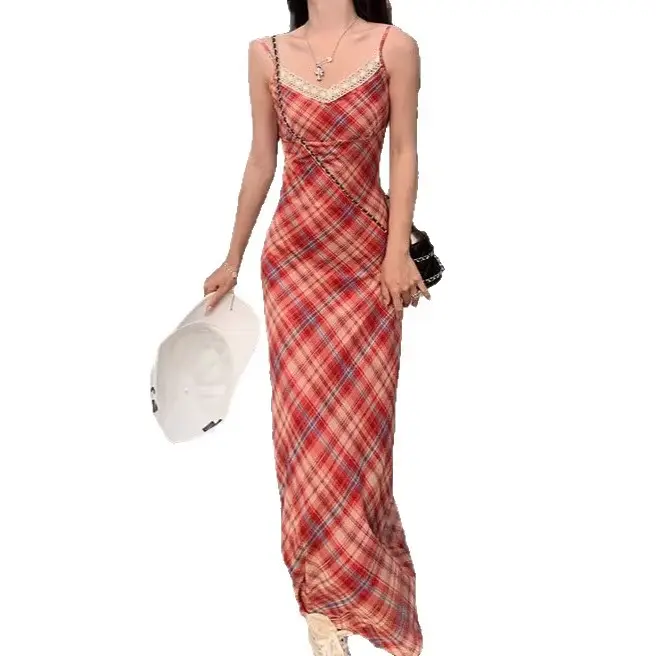 Robe longue élégante à carreaux avec dentelle, sensation haut de gamme, pour femme, été, plage, vacances, taille cintrée, coupe ajustée