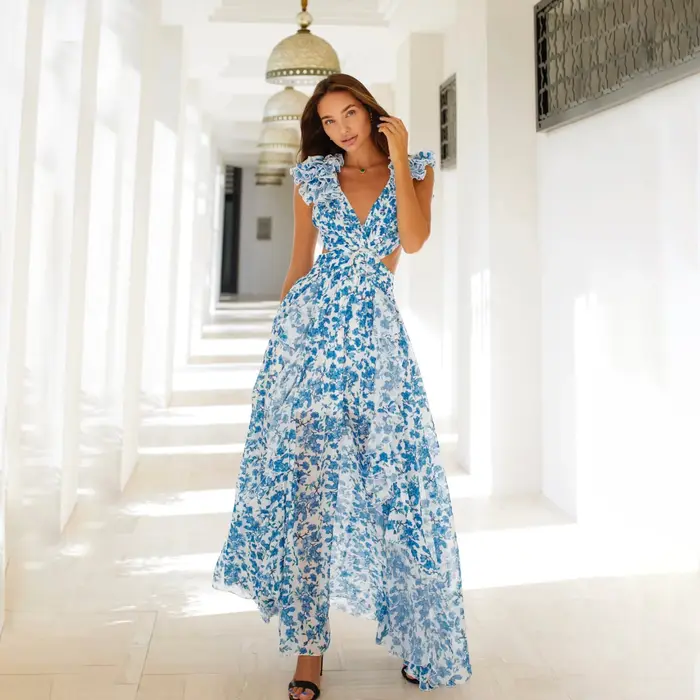 Robe longue à imprimé floral à volants style de plage pour femmes col en V profonde silhouette une ligne occassions estivales