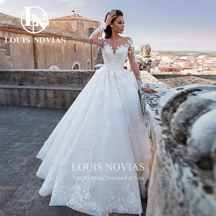 LOUIS NOVIAS robes De mariée pour les femmes magnifique perlée princesse à manches longues chérie à lacets robe