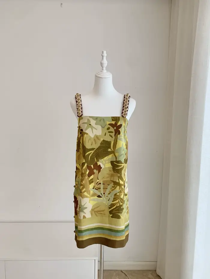 Robe courte sans bretelles à imprimé floral en viscose + lin avec bretelles perlées pour femmes