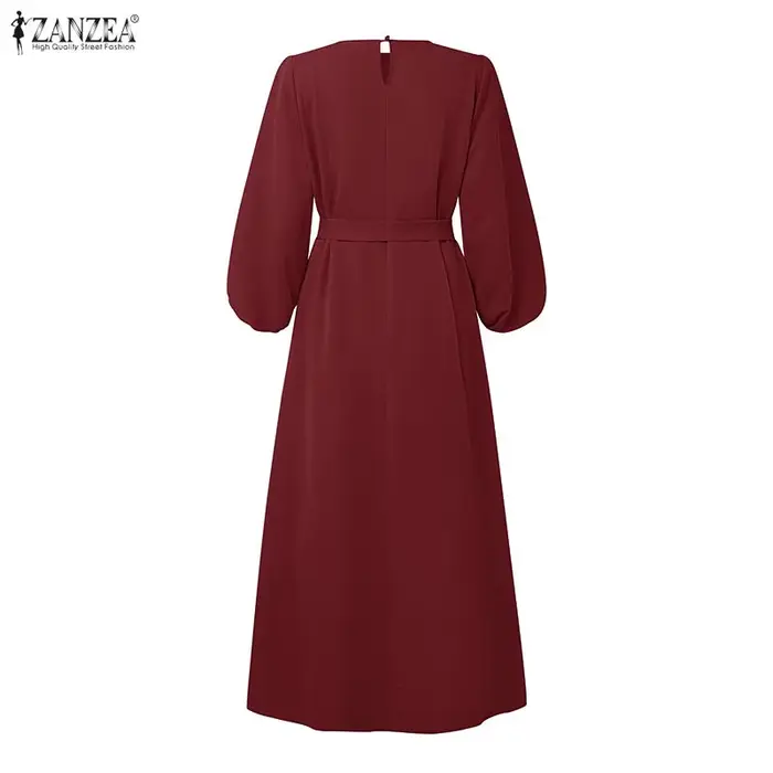 Robe longue modeste ZANZEA pour femme style Abaya col rond manches lanternes ceinture ample pour musulmanes hijab Eid Ramadan Kaftan