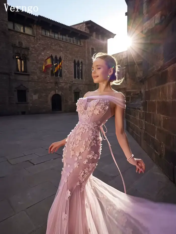 Robe de soirée en tulle rose poudré Verngo, épaules dénudées, style sirène, traîne, robes de bal élé