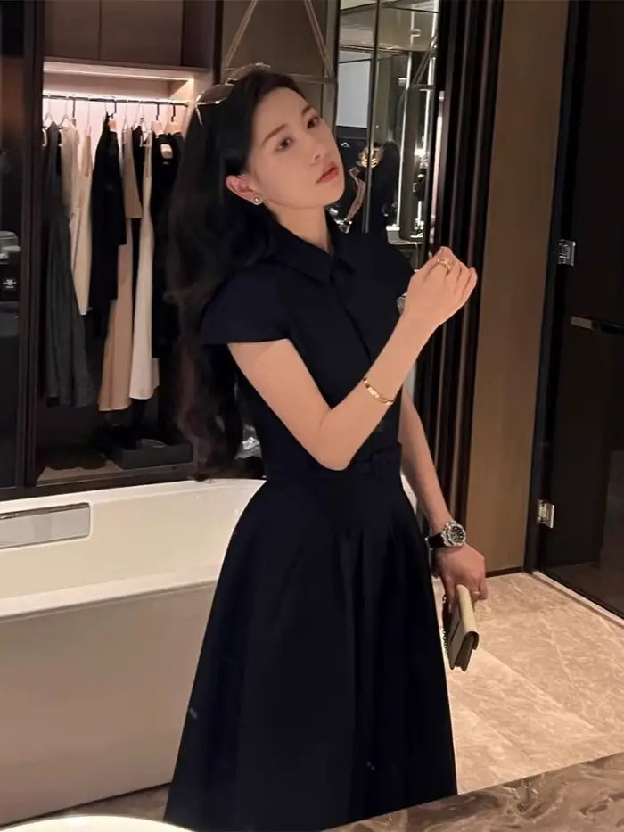 Robe française noire longue couchée à la taille pour femmes, à la mode et élégante, manches ajustées, sergé de couleur Pure, texturée