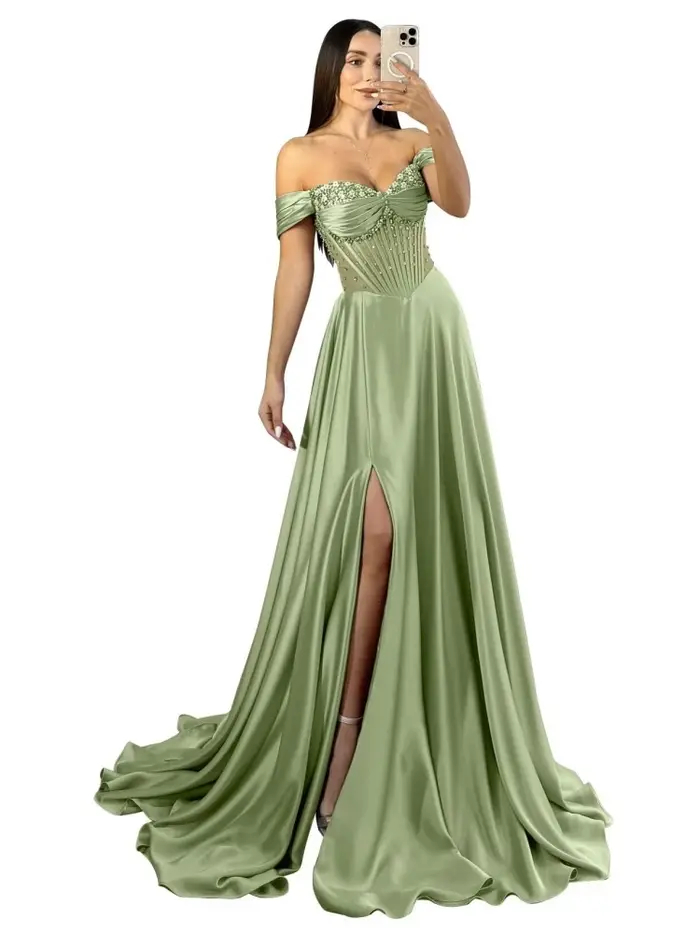 Robes de bal pour femmes Robe formelle en satin scintillant perlé avec fente sur l'épaule