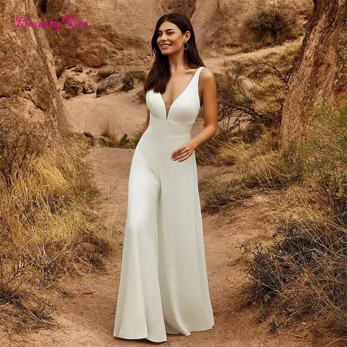 Combinaison de mariage 2 en 1 avec jupe détachable polyester dentelle sans manches pour femmes robes de mariée trains de balayage occassions spéciales
