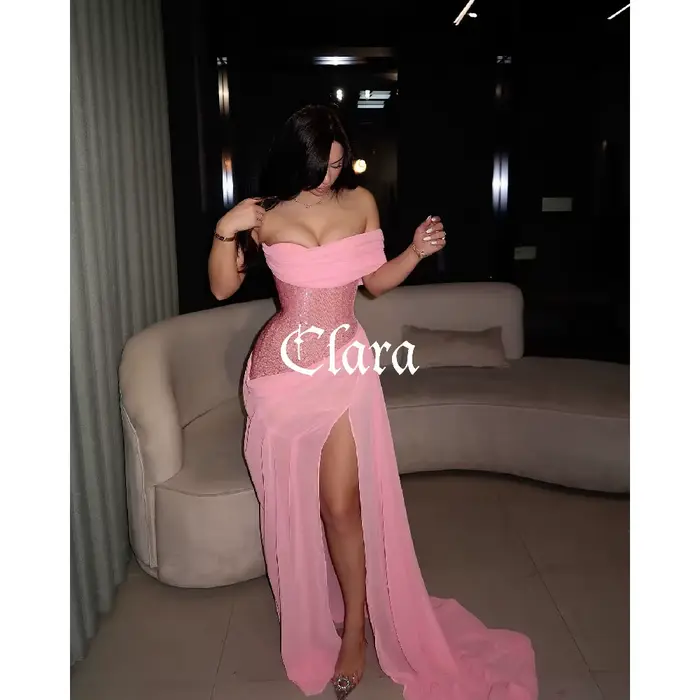 Robes de soirée en mousseline rose Clara, fendues, à décolleté cœur, ornées de sequins, pour femmes,