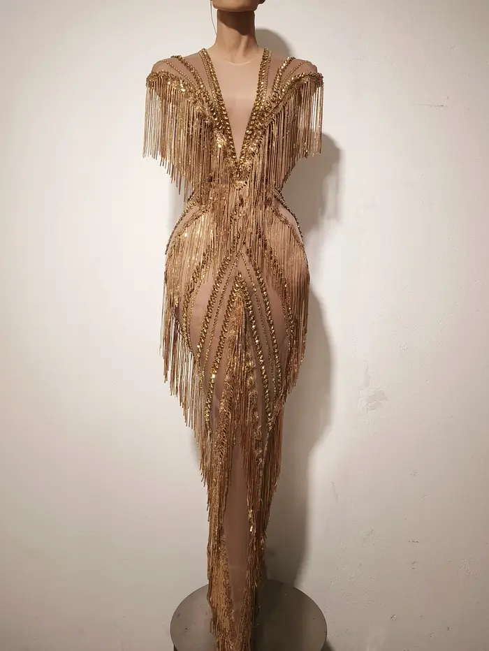 Robe longue de soirée luxueuse en polyester pour chanteuses de club, avec strass et franges, disponible en plusieurs tailles et couleurs