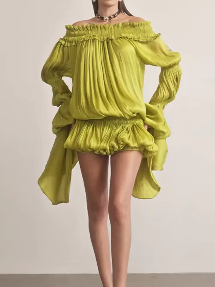 Robe Courte Plissée Vert Citron Épaules Dénudées Chic Taille Froncée Effet Bulle Vistidos Femme Manches Longues