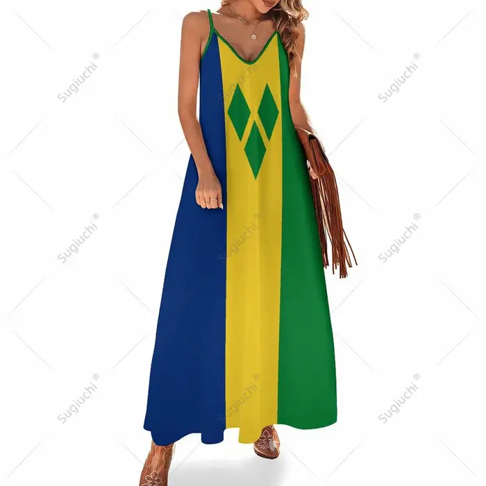 Robe longue à imprimé Saint-Vincent et les Grenadines pour femme, tenue rétro à col en V, nouvelle collection, polyester confortable, sans manches, pour femmes de tous âges, style plage, occasions spéciales, vacances, soirées romantiques, mariages