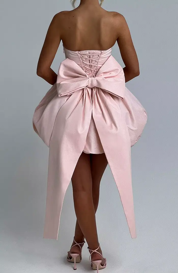 Robe de graduation rose personnalisée avec grand nœud, bustier, en satin ivoire, courte, mini, coupe trapèze, simple, formelle, pour soirée, bal de promo ou retour à la maison