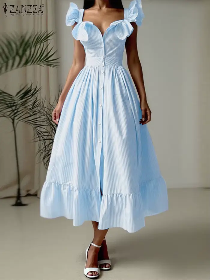 ZANZEA Vintage Swing Robe Midi 2025 été rayé