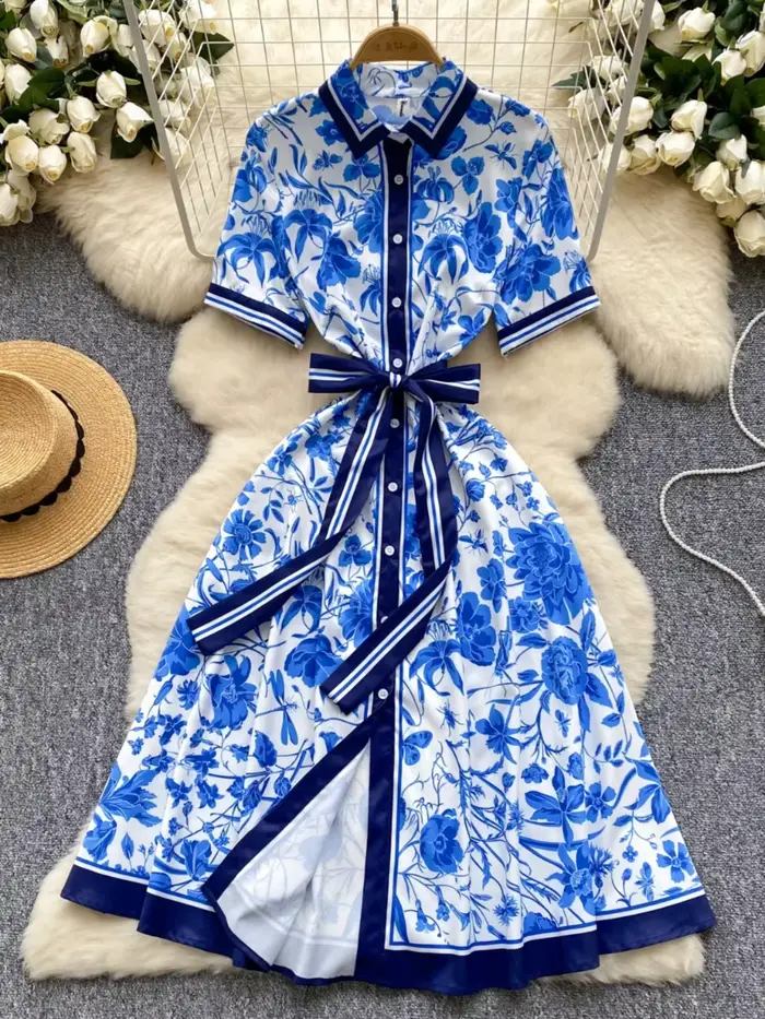 Robe d'été chic européenne pour femmes, imprimé, col rabattu, manches courtes, robe trapèze à lacets, occassions spéciales et quotidiennes