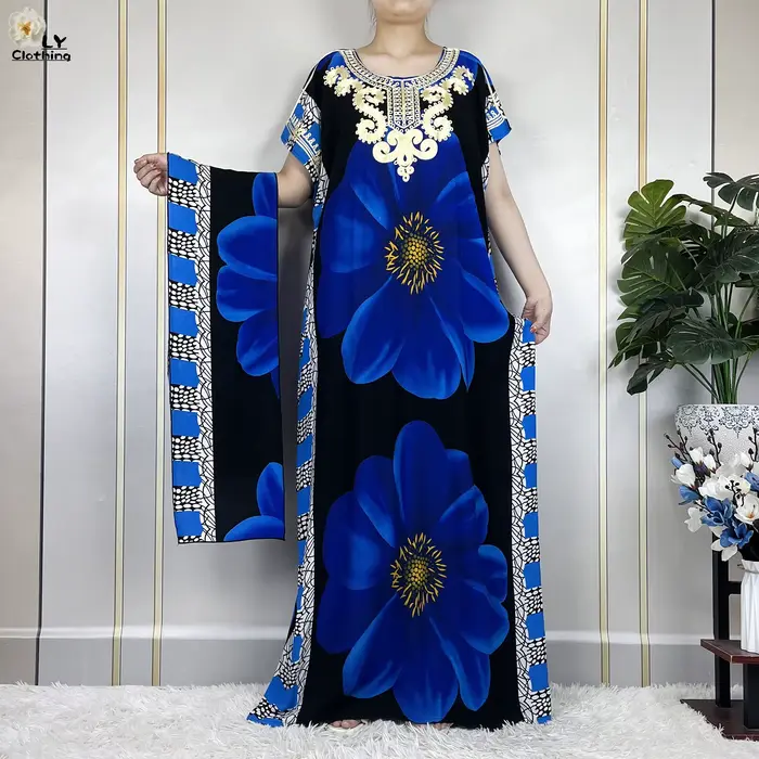 Robe à manches courtes en coton imprimé floral pour femmes, robes traditionnelles musulmanes africai