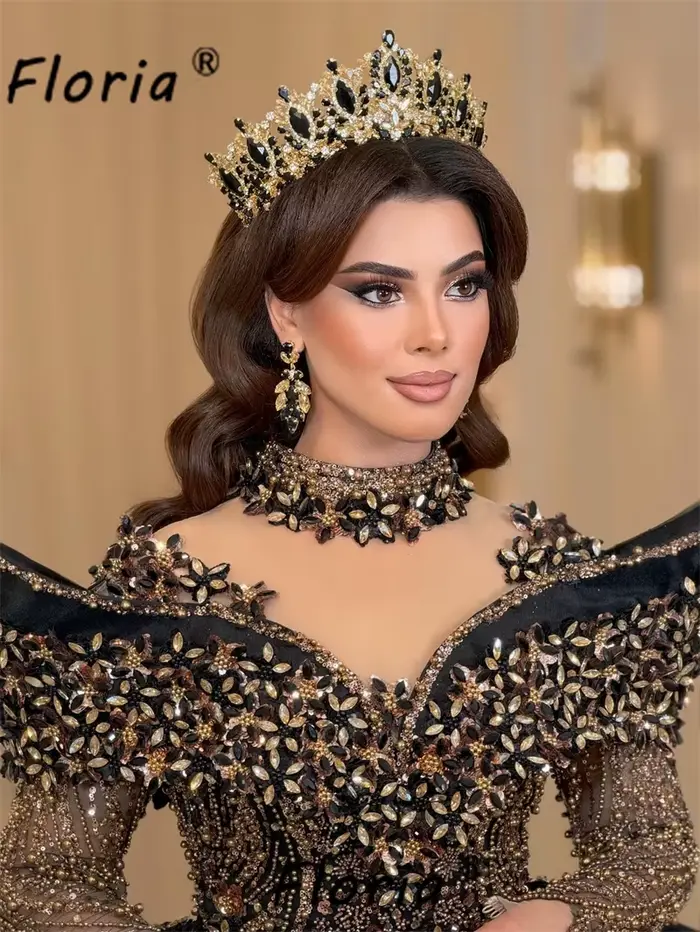 Robe de Soirée Noire et Dorée avec Jupon et Couronne en Strass Sirène pour Mariage et Soirées Spéciales