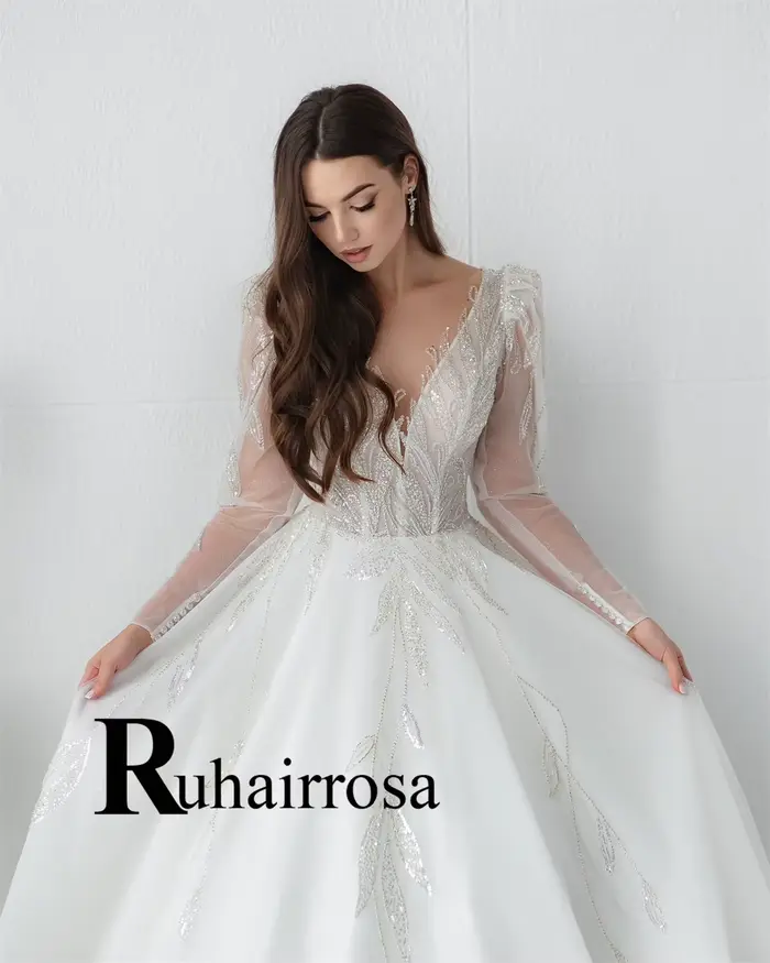 Ruhair Robe De mariée gracieuse manches bouffantes a-ligne dos nu col en v paillettes Tulle sur mesure Occasion