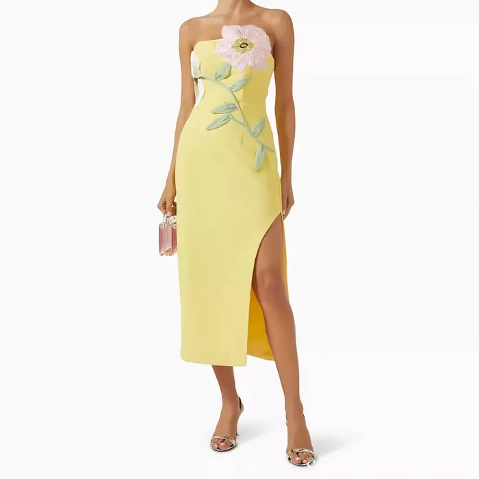 Robe de soirée formelle pour femmes bal sans bretelles longueur thé fleurs décoration polyester confortable ocassions spéciales
