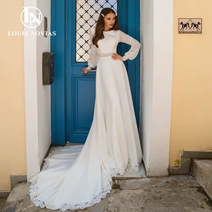LOUIS NOVIAS – robe de mariée trapèze en Satin pour femmes, élégante, Illusion de broderie, manches 