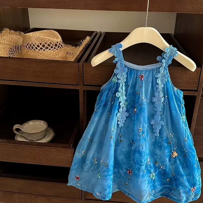 Robe-veste brodée de fleurs 3D, style vacances d'été au bord de la mer, bleu, pour filles, version coréenne, douce et mignonne