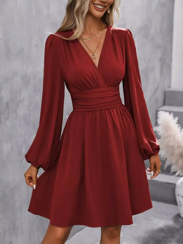 Robes 2025 femme vêtements col en V lanterne manches Wrap Mini robe taille froncée ourlet fluide élé