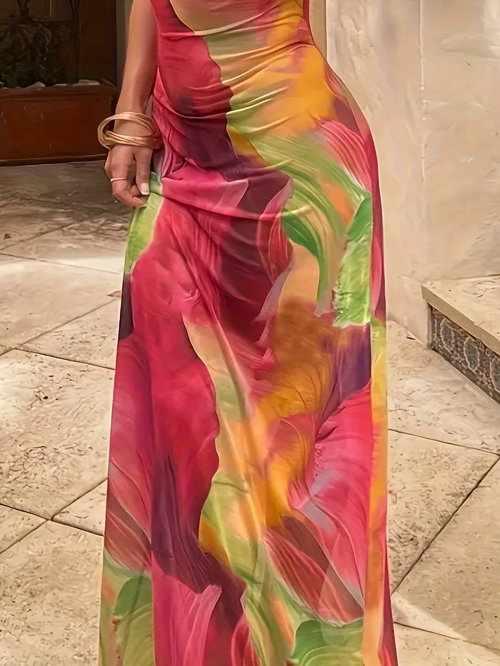 Robe longue de plage décontractée imprimé floral dégradé moulante sexy sans bretelles ample ajustée aux hanches occassions estivales femmes